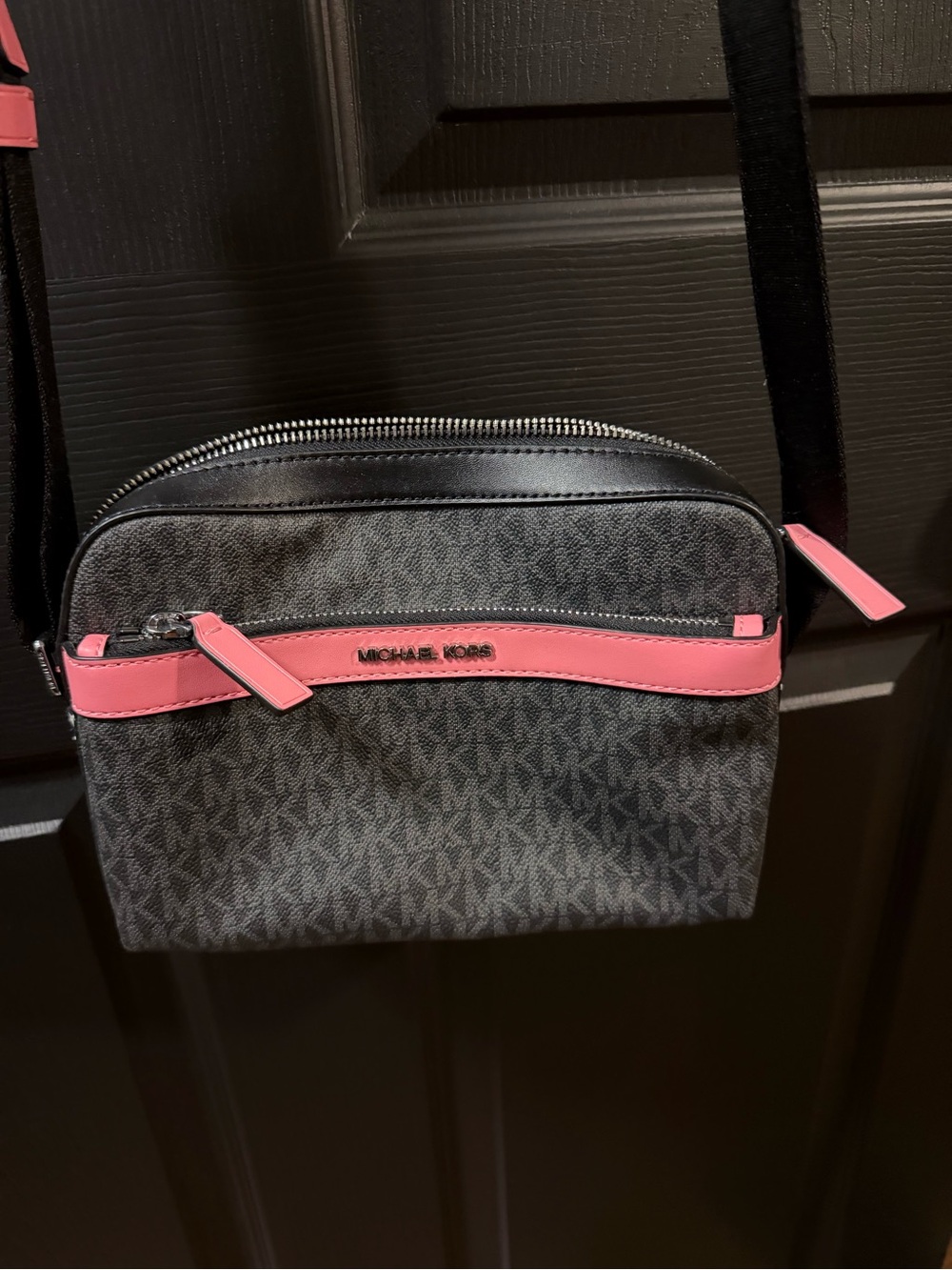 Michael Kors Monogram Crossbody Belt Bag in Black and Pink